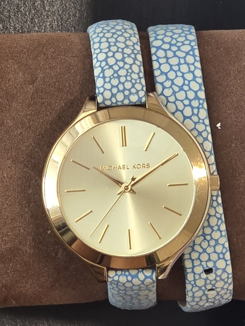 Michael Kors MK2342 Gold Tone Wrap Watch Blue Leather Strap w/ Box - Picture 2 of 9